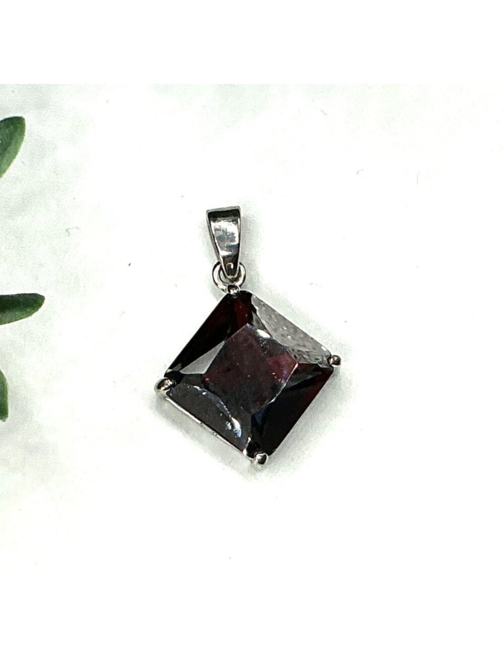 Square-Cut Red Garnet Pendant In Silver-Tone Setting Modern Design